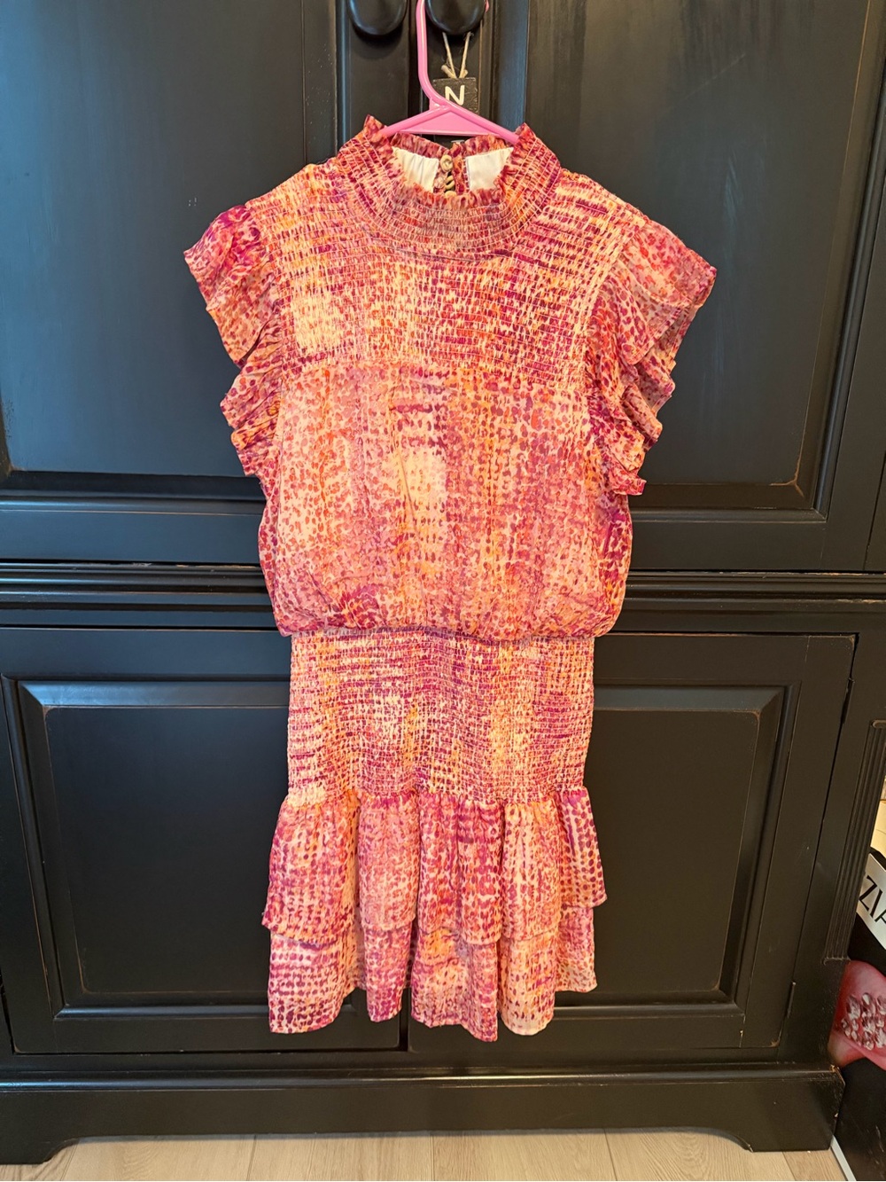 Aqua by Bloomingdales Pink Orange Multi-Print Ruffle Smocked Dress